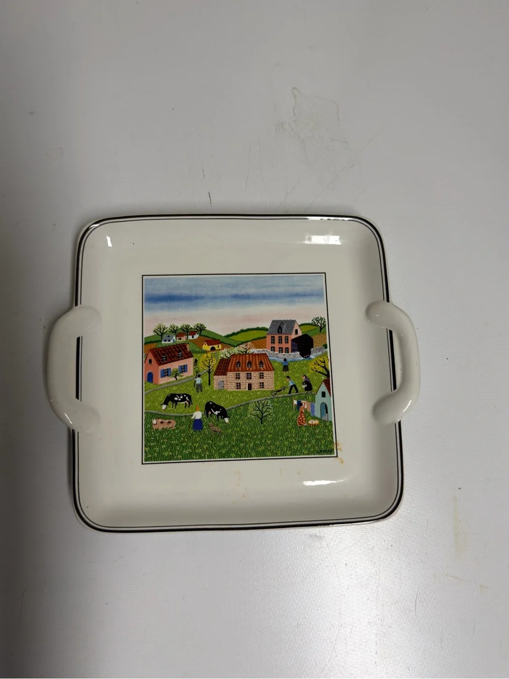 Vintage Farm Scene Ceramic Serving Tray/Decor